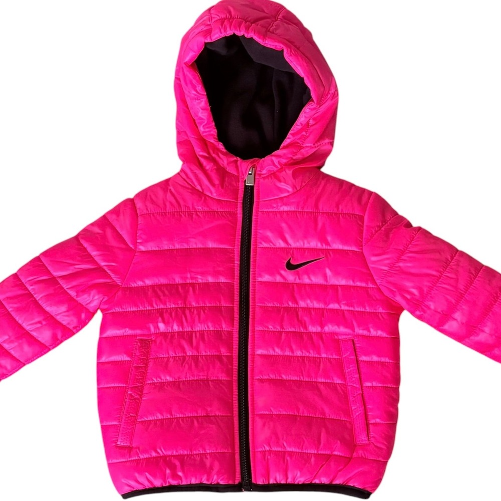 Nike Kids Neon Pink Puffer Jacket Fleece Lined Hooded Sz 2T Logo Winter Casual